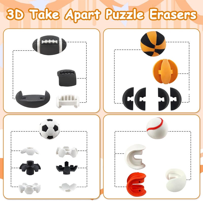 Satomoto 30 pcs Balls Erasers for Kids Classroom Prizes，Puzzle Eraser 3D Take Apart Football Pencil Erasers for Kids Classroom Prizes, Class Treasure Box,Game Rewards,Party Favors, Color Random - Image 2